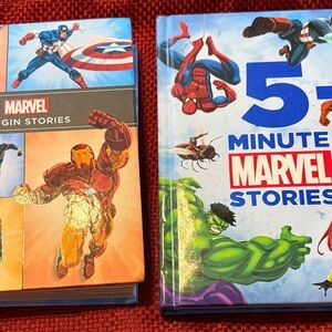 2 books : Marvel 5-Minute Stories Book and Marvel origin stories